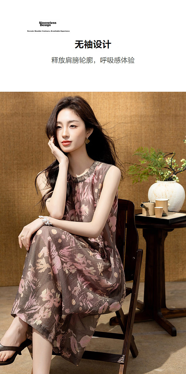Demana Smooth Tencel Summer Elegant Commuter Pleated Round Neck Sleeveless A-Line Slim Dress for Women Premium Feel 7
