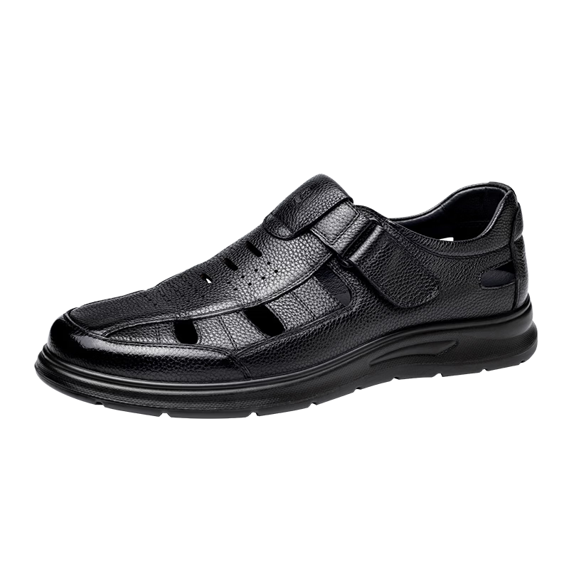 LAORENTOU Men's Genuine Leather Summer Breathable Hollow Business Casual Peep Toe Sandals LL325 Black Size 40