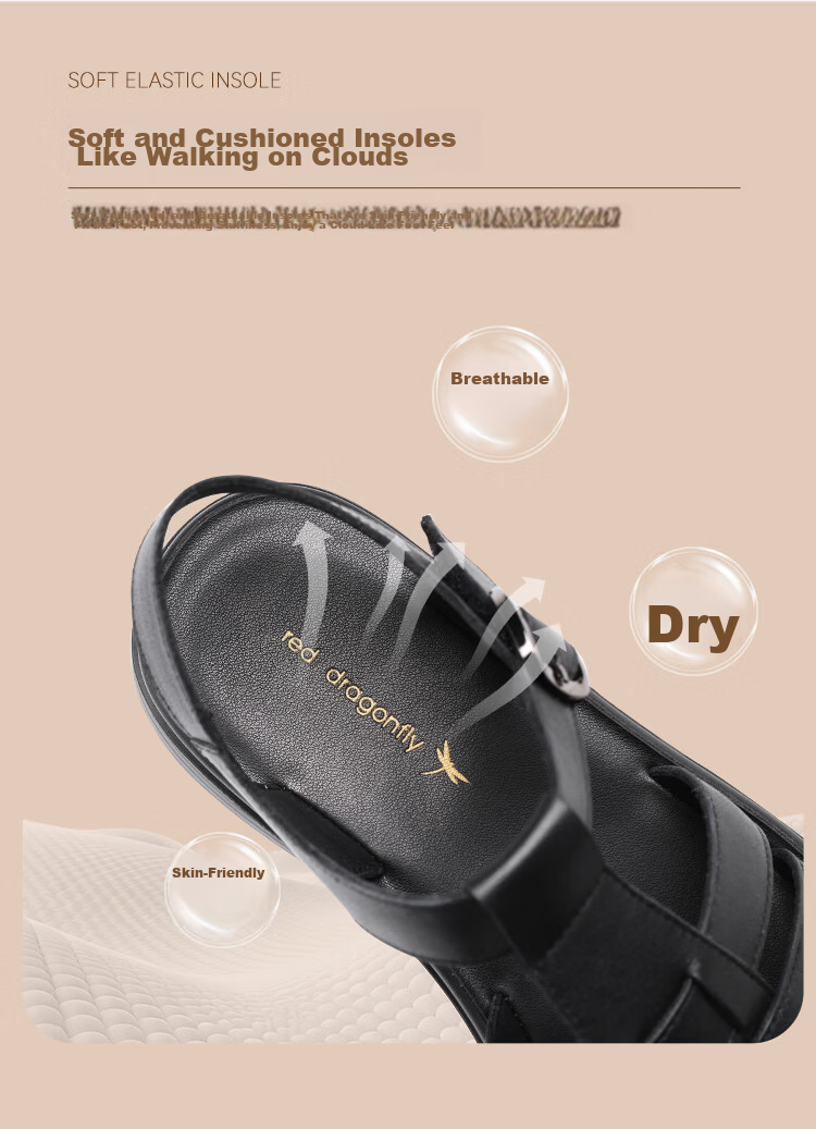 Red Dragonfly Women's Soft Sole Open Toe Leather Roman Sandals Breathable Height Increasing Velcro Clogs WTK264911 Black Size 38 6