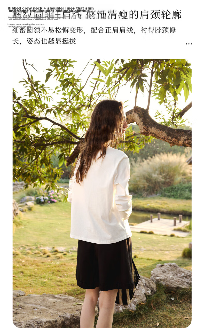 Olrain Simple Color-Block Pony Embroidery Casual Long Sleeve T-Shirt Women Spring Pure Cotton Crew Neck Top Off-White S 9