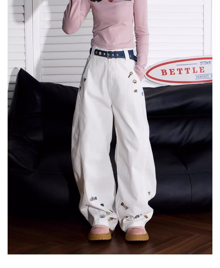 BEETLE TOWN Cartoon Embroidered Casual Pants for Women Spring Autumn 2025 New Loose Wide-Leg Curved Blade Pants Black M 24