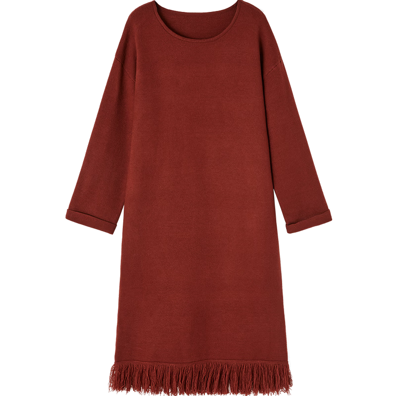 Demana Warm Soft Yarn Winter Elegant Round Neck Drop Shoulder Cuff Tassel Women's Knit Dress
