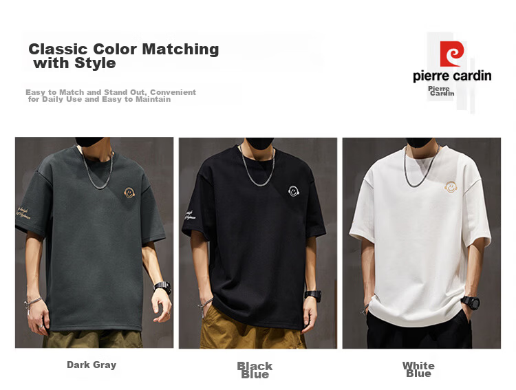 Pierre Cardin Men's Short Sleeve T-Shirt Summer Trendy Smiley Embroidery Loose Fit Crew Neck Heavyweight Cotton Top Dark Gray M 6