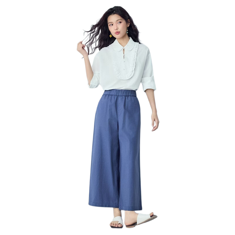 Giordano Women's Cotton Linen Pants 2026 Summer Patchwork Lace Elastic Waist Loose Cropped Wide-Leg Trousers 13426312