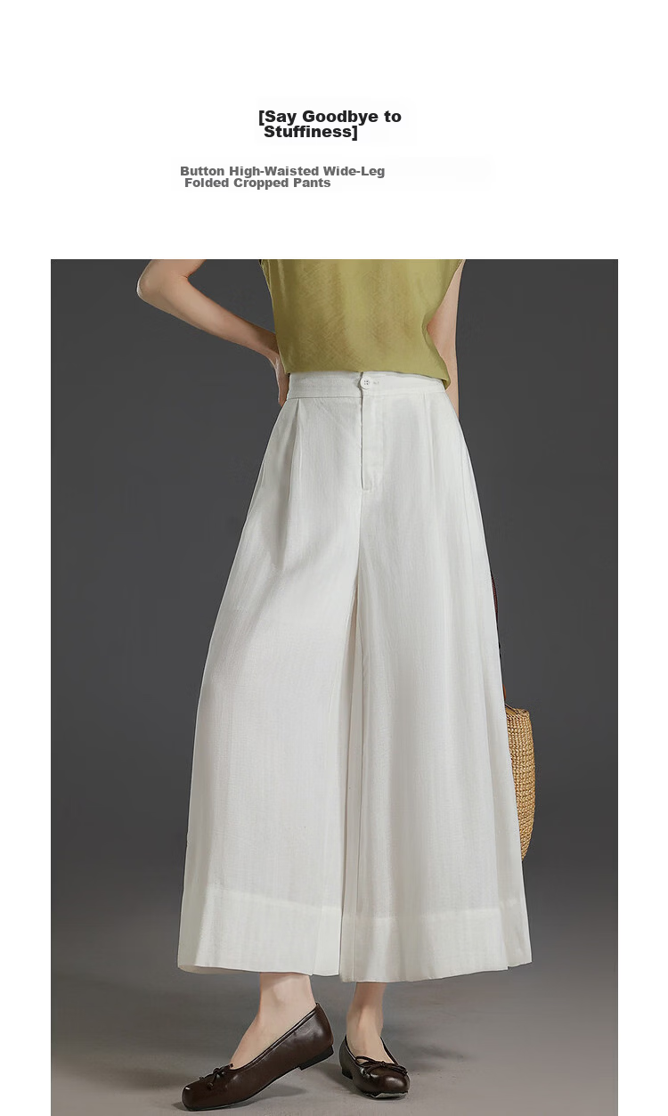 Demana [with Linen Lyocell] Summer Button High-Waist Wide-Leg Folded Slimming Cropped Casual Pants for Women Premium Feel 5