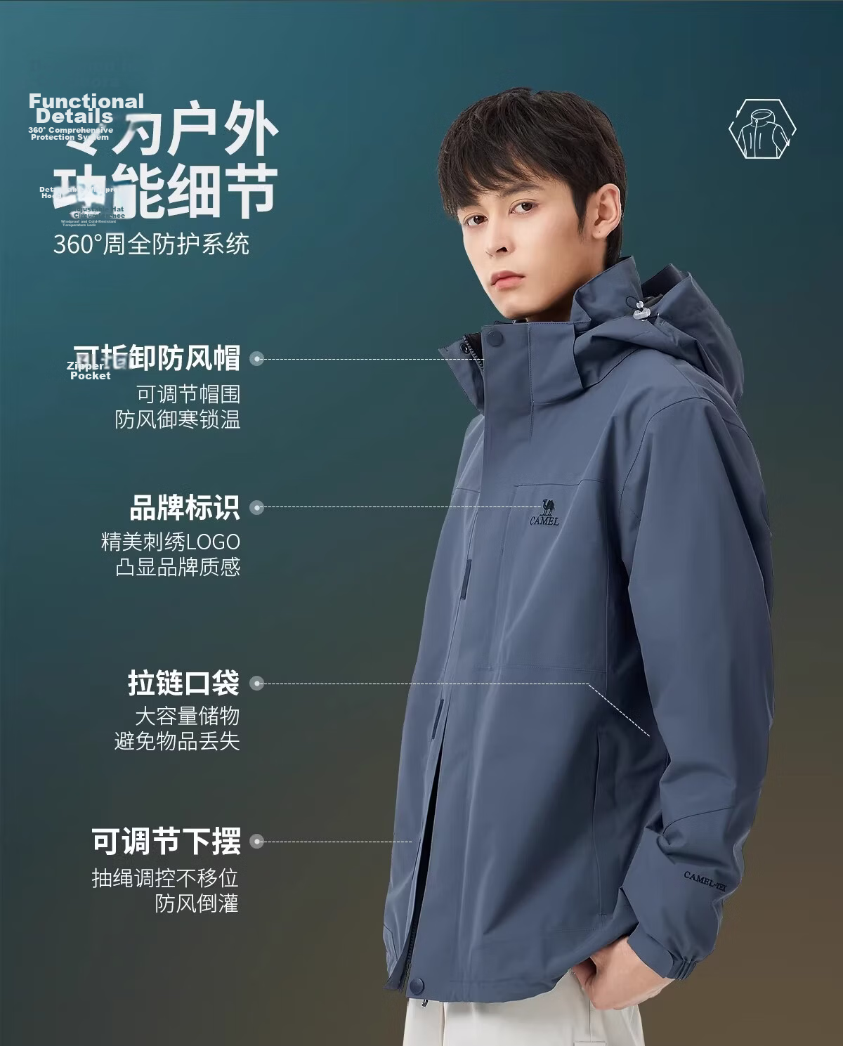 CAMEL 3-in-1 Detachable Waterproof Windproof Outdoor Mountaineering Jacket for Men and Women 7