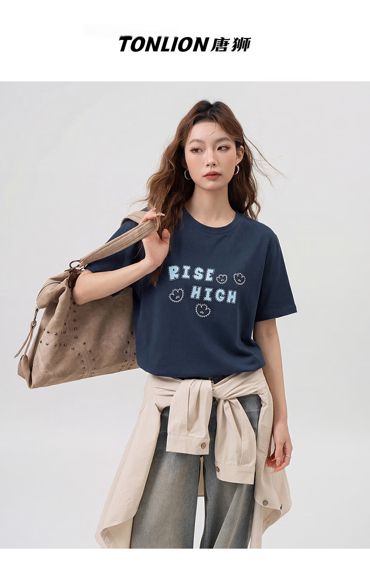 TonLion 2026 Summer New Women's Short Sleeve T-Shirt American Early Spring Stylish Navy Blue Slim Fit Top 6
