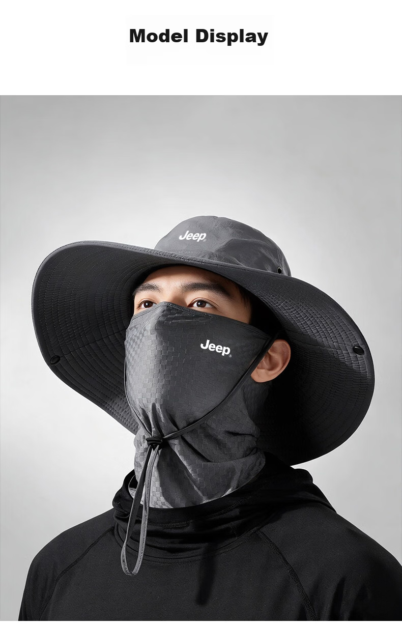 JEEP Men's Summer Sun Protection Fisherman Hat Large Head Circumference Breathable Neck Guard UV Protection Wide Brim Sun Hat 10