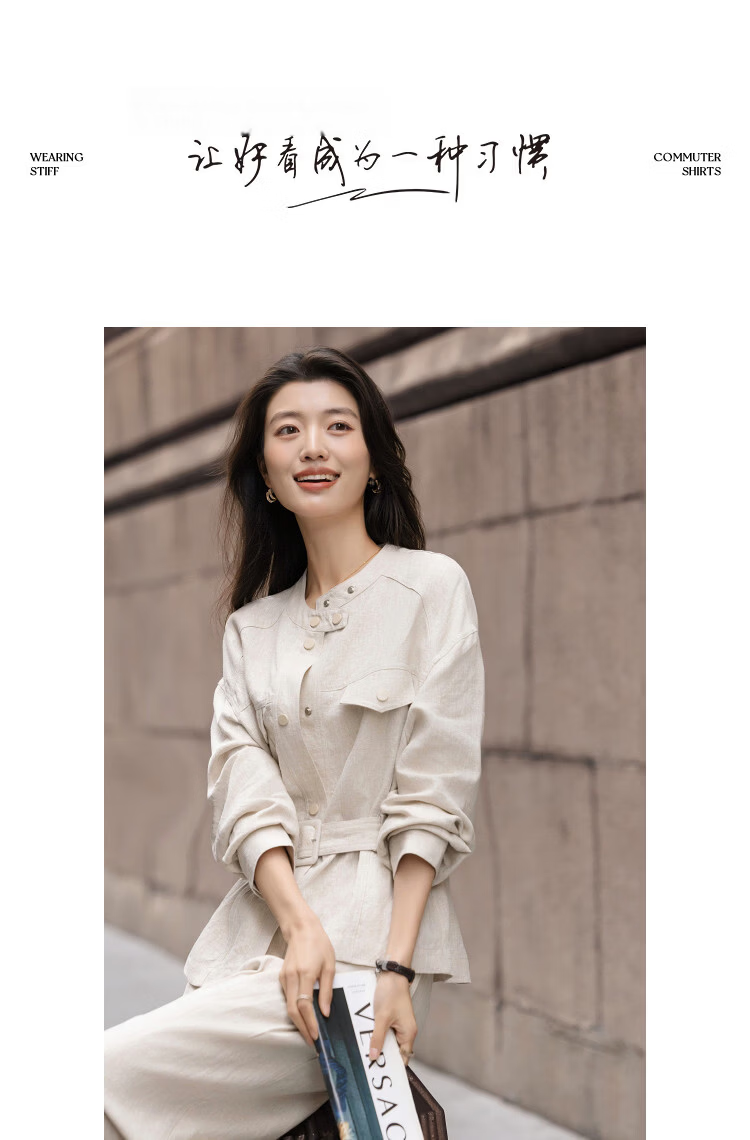 Demana [100% Linen] Spring Moray Series Stand Collar Flap Pocket Adjustable Belt Drop Shoulder Petite Women's Jacket 13