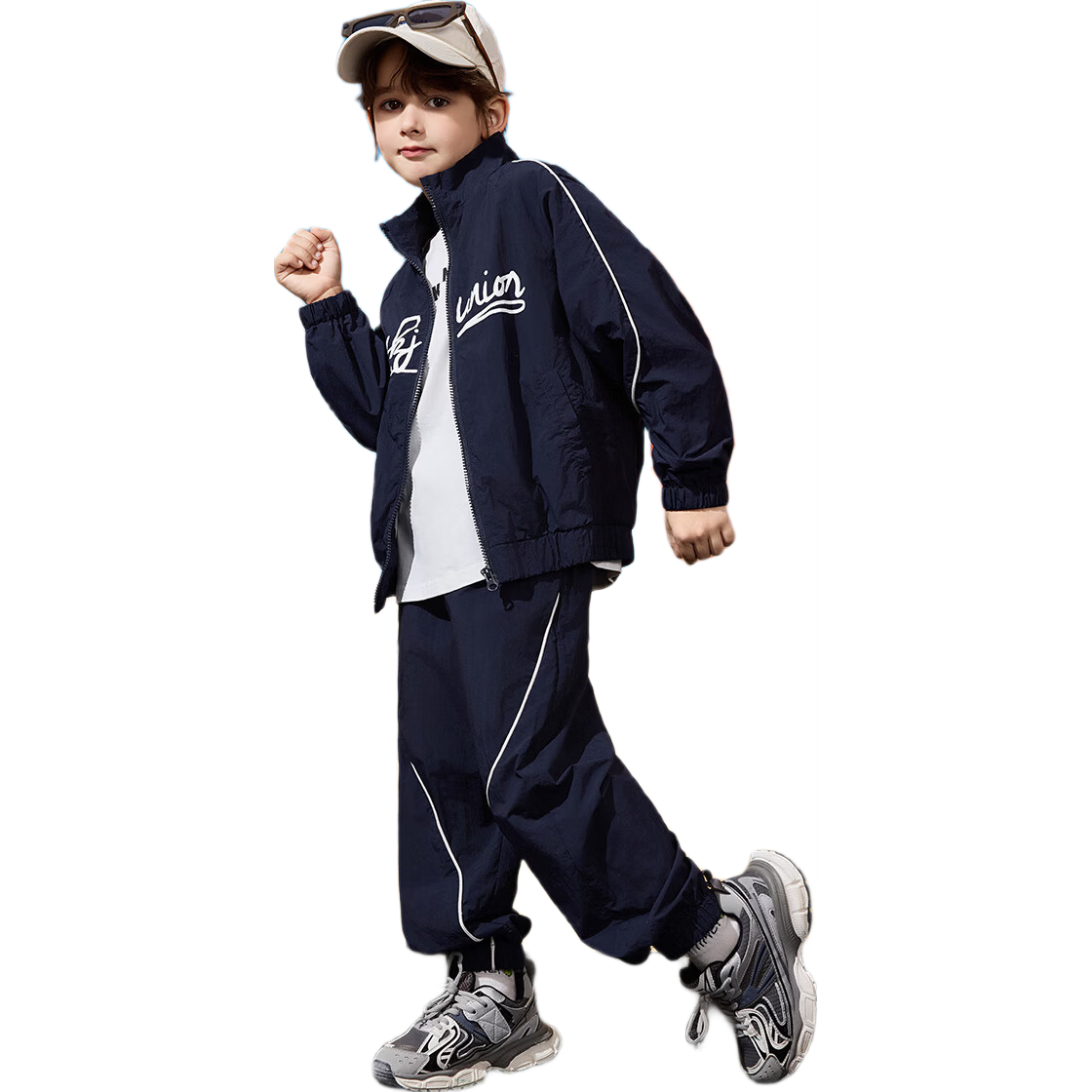 ASK JUNIOR Sports Style Boys' Set, 2026 Autumn Contrasting Color Casual Jacket And Joggers, Children's Outfit, Navy Blue, Size 150