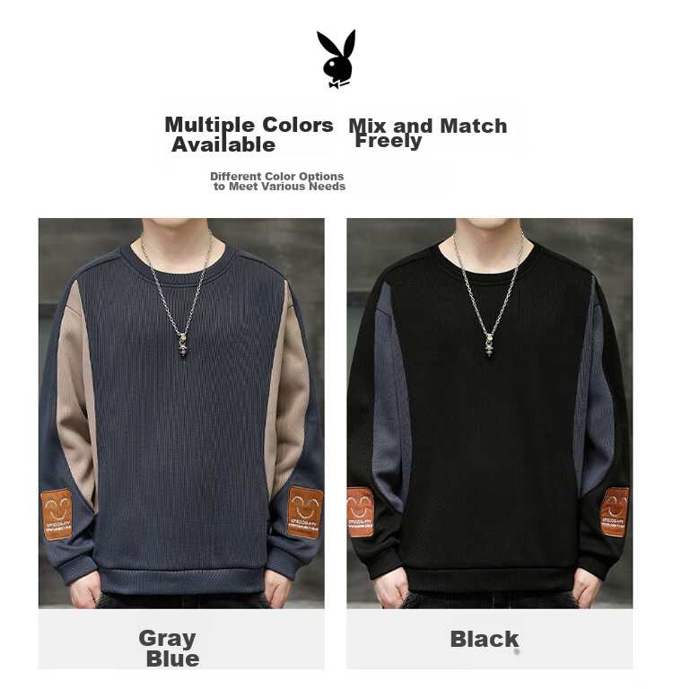 PLAYBOY Men's Crew Neck Sweatshirt Autumn Long Sleeve Loose Casual T-Shirt Black 2XL 8