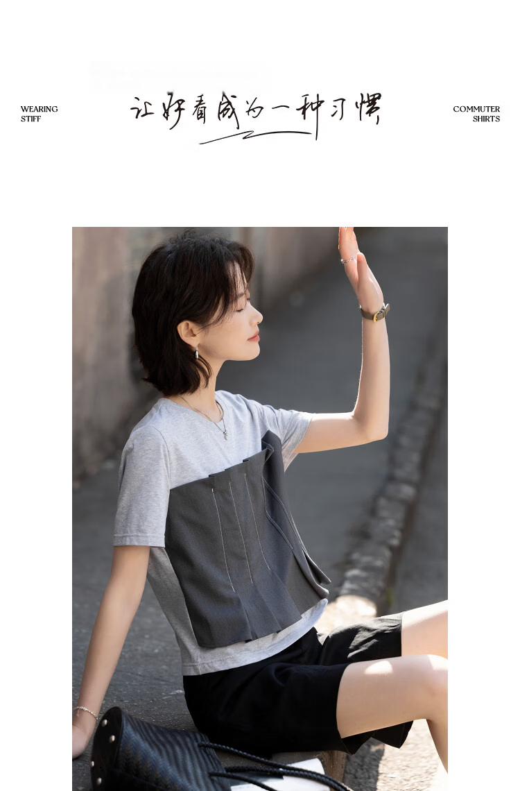 Demana [Fashion Urban] Summer 3D Pleated Strapless Layered Color-Block Faux Two-Piece Slimming Cotton-Spandex T-Shirt for Women Premium 10