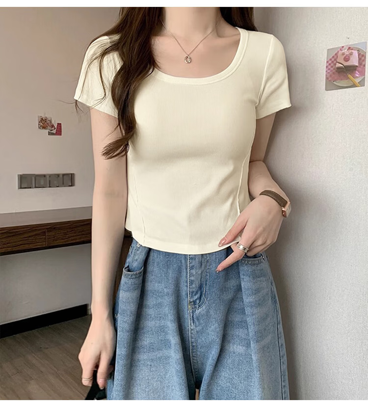 TonLion 2026 Summer Women's U-Neck Short Sleeve Solid Slim Fit Casual Versatile Premium T-Shirt 10