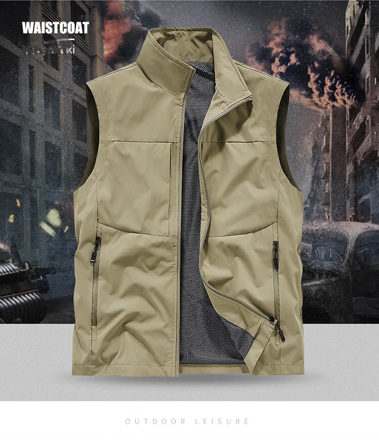 JEEP SPIRIT Men's Outdoor Casual Quick-Dry Vest Breathable Simple Stand Collar Photography Jacket Military Green M 10