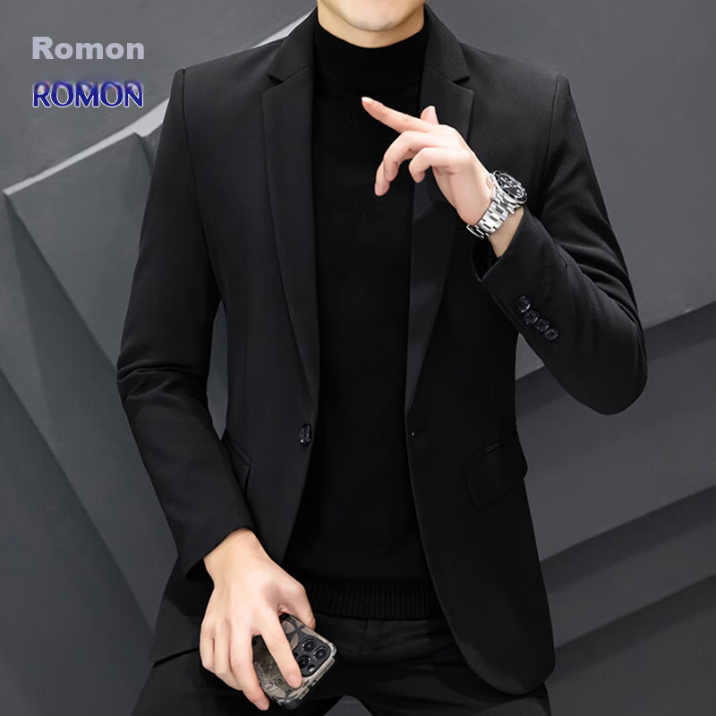 ROMON Men's Autumn Winter Business Formal Suit Slim Fit Luxury Blazer Groom Best Man Wedding Attire