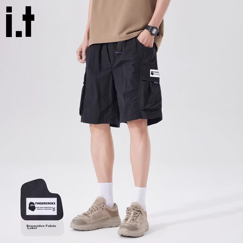 Fingercroxx IT American Style Loose Fit Workwear Shorts 2026 Summer Men's Lightweight Simple Quick-Dry Five-Point Pants Black M