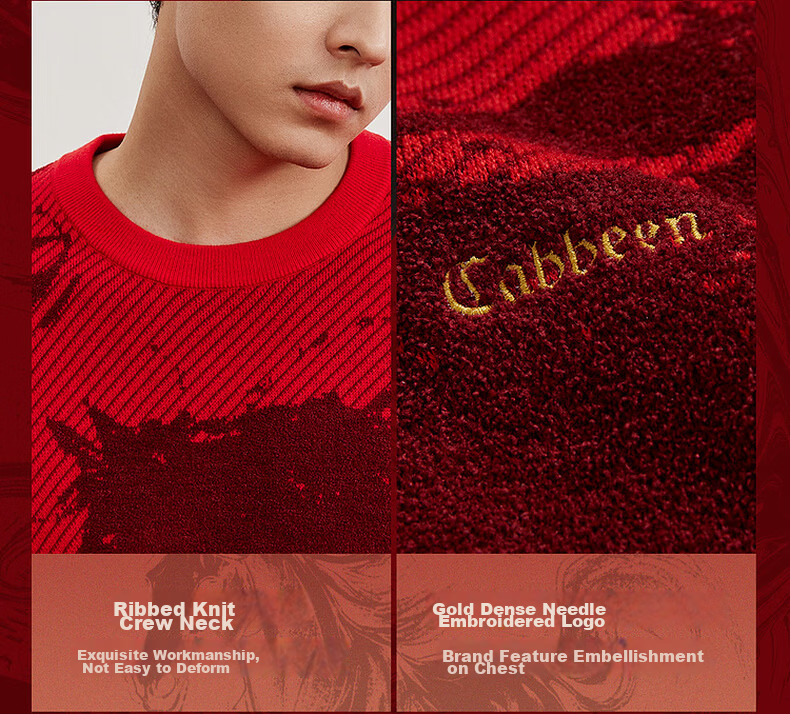 CABBEEN Year of the Horse Auspicious Totem Jacquard Heated Antibacterial Men's Sweater 2026 Spring Soft Wool Blend Long Sleeve Knitwear 16