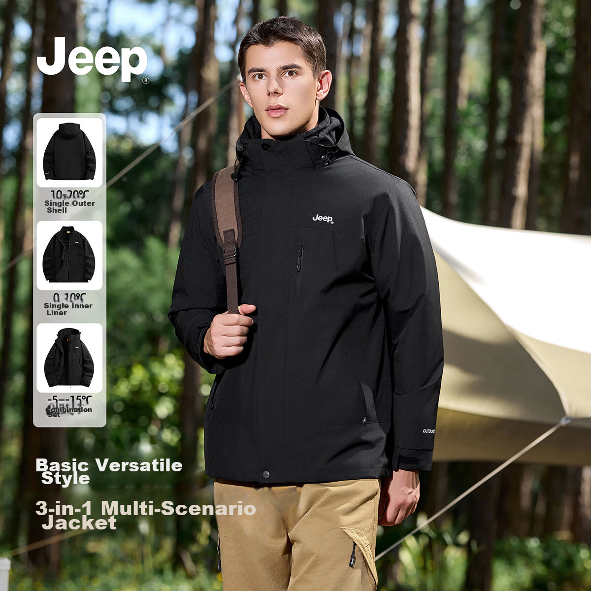 JEEP Men's 3-in-1 Fleece Two-Piece Warm Waterproof Jacket Advanced Black (Fleece) XL