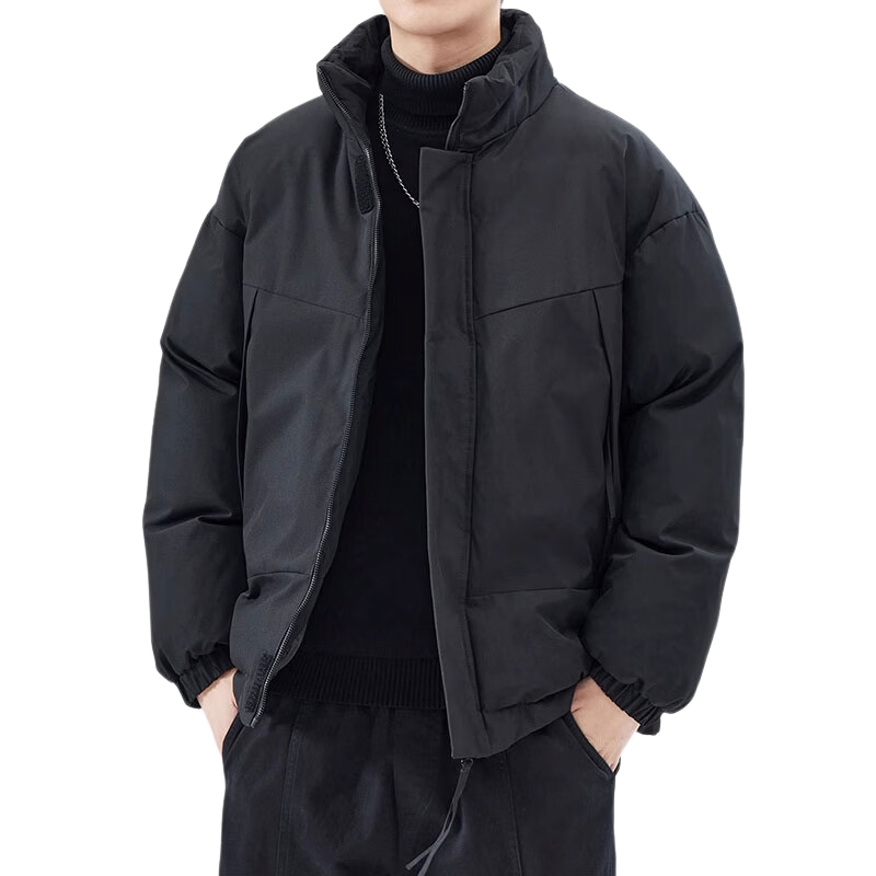 Cotton Casual Men's Winter Solid Color Stand Collar Cotton Jacket Warm Cotton Padded Coat Black 2XL