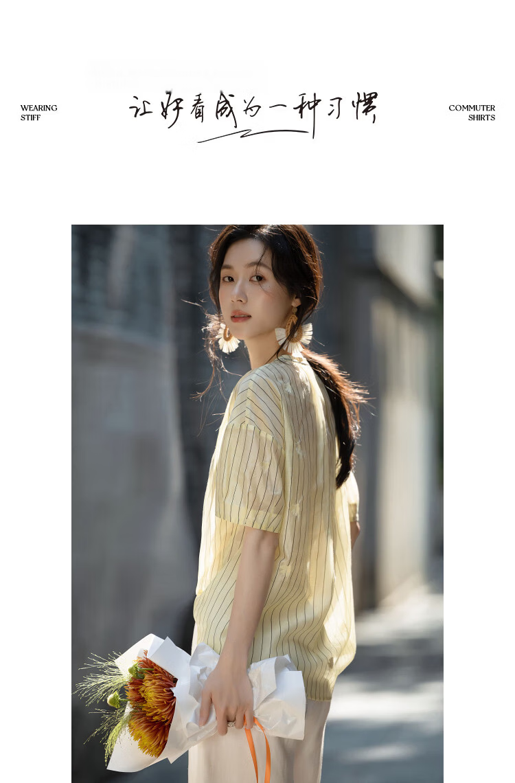 Demana [Comfortable Lyocell] Summer Textured Half-Placket Lace Collar Striped Embroidered Loose Slimming Shirt for Women Premium 8
