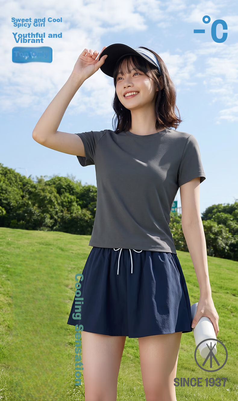 Threegun Cool Antibacterial Short Sleeve Crew Neck Women's T-Shirt, Shoulder Fit, High Elastic Ribbed Short Cotton Base Shirt 1