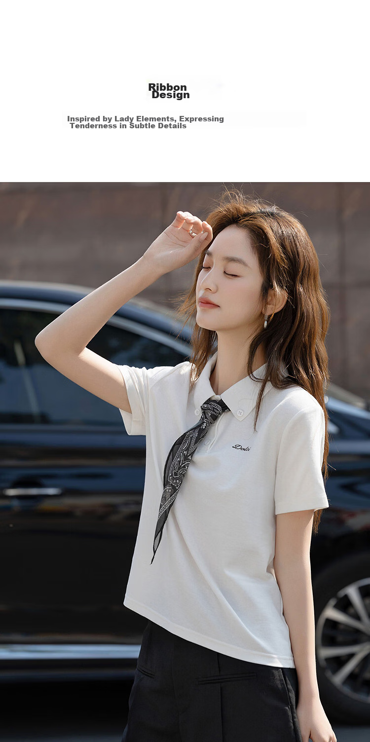 Demana [Refreshing Cloud Oxygen Cotton] Summer Pique Mesh Polo Collar Ribbon Embroidered Slim Fit T-Shirt for Women Premium Feel 7