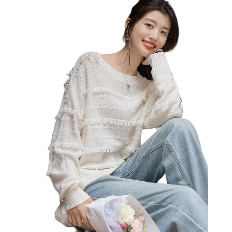 Demana [Yunmu Liuguang] Winter Fluffy Jacquard Lambswool Tassel Drop Shoulder Loose Knit Sweater for Women