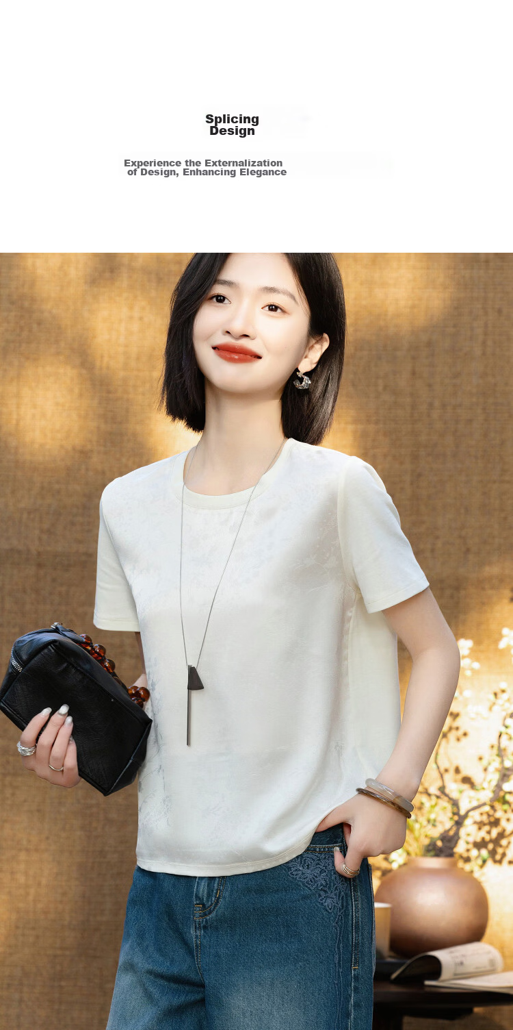 Demana Cloud Cotton Series Summer National Style New Chinese Glossy Jacquard Splicing Slimming Concealing T-Shirt for Women Premium Feel 7