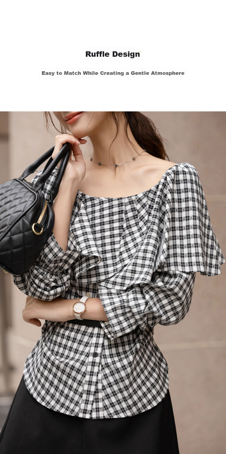 Demana [Cloud Soft Cotton Blend] Spring Off-Shoulder Ruffle Side Ruched Plaid Petite Women's Shirt 6