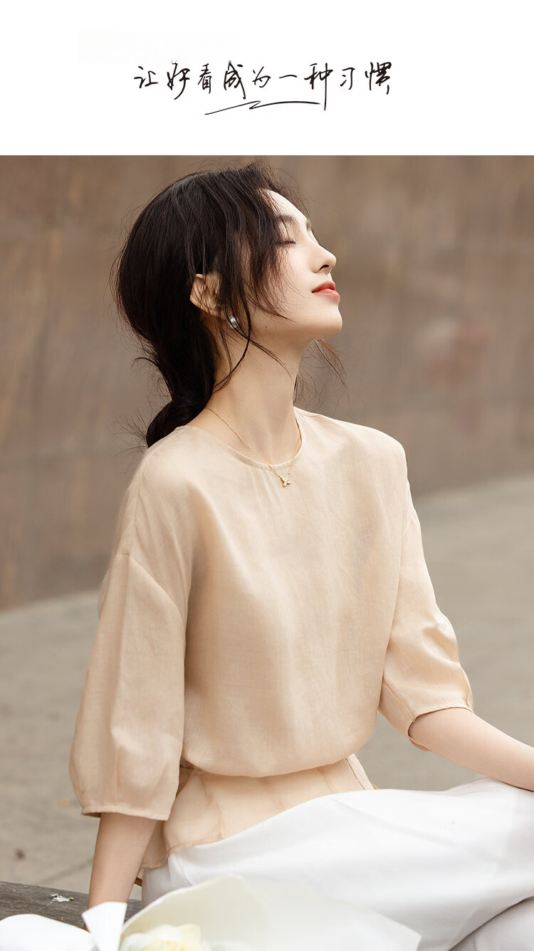 Demana [Ramie Lyocell Blend] Summer Elegant Round Neck Tie Loose Slimming Concealing Shirt for Women High-End Feel 1