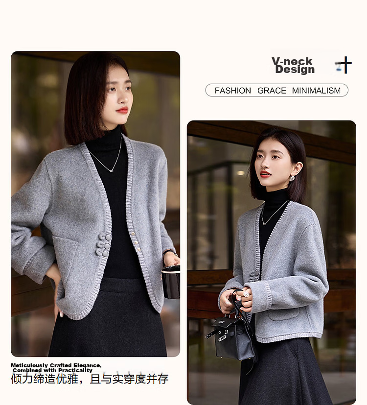Demana [Double-Sided Wool] Spring Luxury V-Neck Knit Twisted Flower Decorative Patch Pocket Loose Short Women's Coat 6