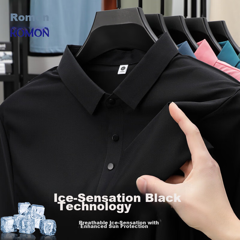 ROMON Men's Short Sleeve Polo Shirt Summer Ice Silk Business Cool Stretch Slim Breathable Collared Quick-Dry T-Shirt