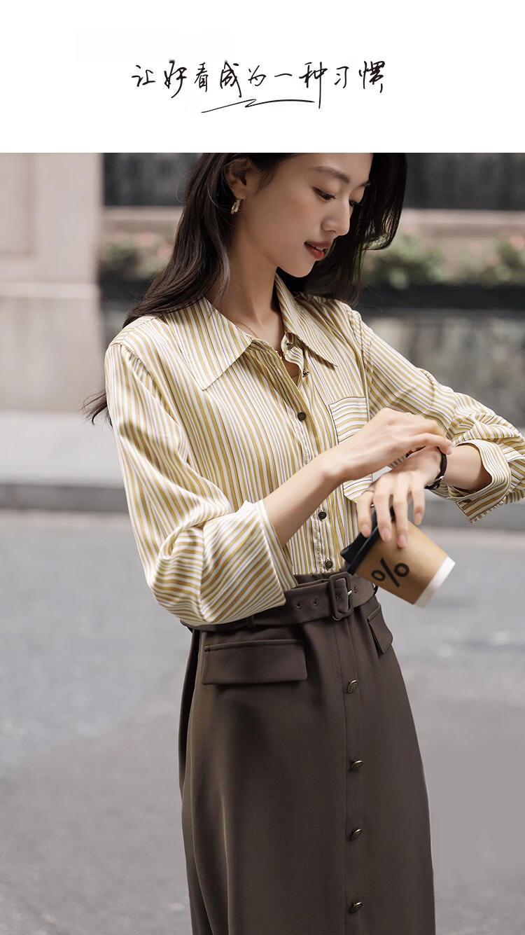 Demana [Smart Urban] Spring Satin Striped Faux Pocket Spliced A-Line Belted Petite Women's Dress 1