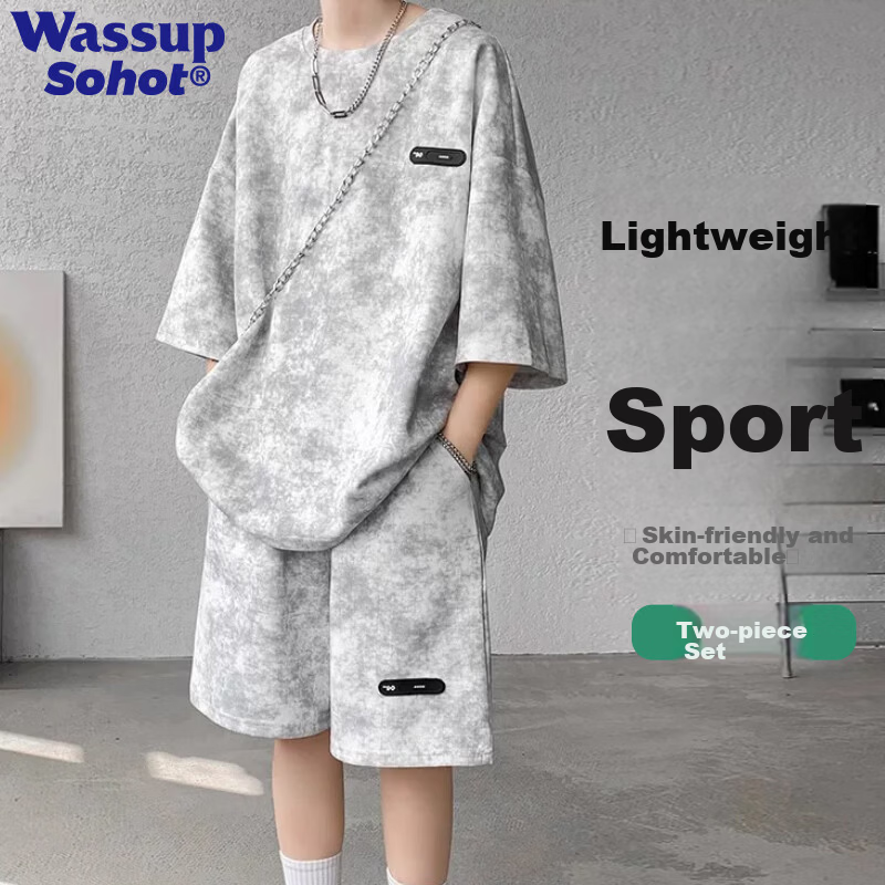 Wassup Sohot American High Street Short Sleeve T-Shirt Set Men Summer Tie-Dye Short Sleeve Shorts Sports Two-Piece Set Gray 5XL