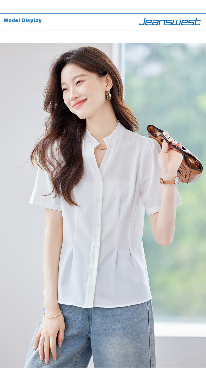 JEANSWEST Women's Short Sleeve Shirt 2025 Summer New High-End Commuter Versatile V-Neck Top White M 5