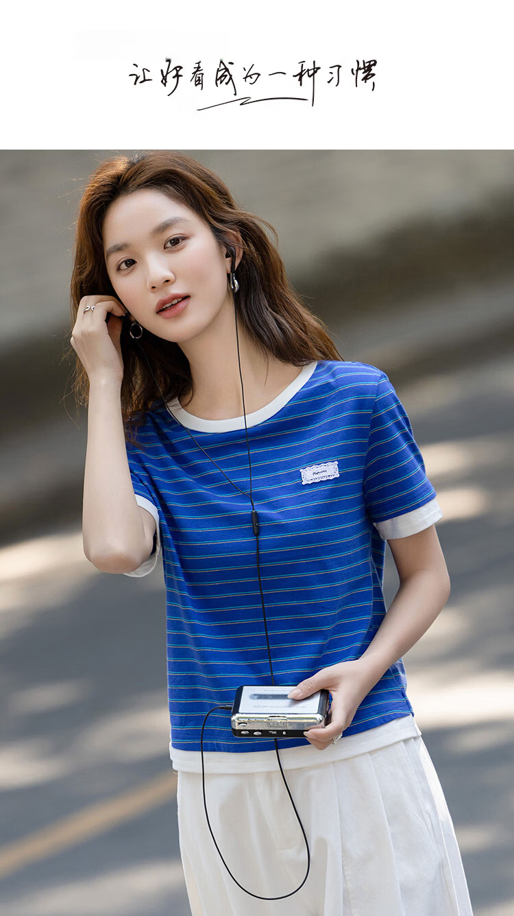 Demana [Gentle Pure Cotton] Summer Retro Stripe Color-Block Applique Slim Fit Petite T-Shirt for Women Premium Quality 1