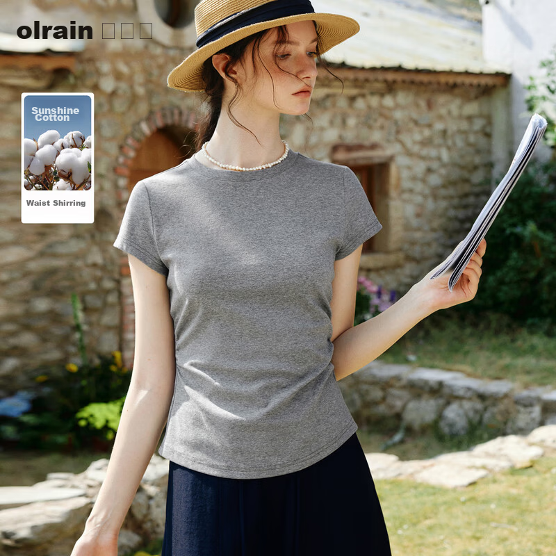 Olrain Eurielle New Summer Slim Fit Waist Round Neck Casual Cotton Knit Short Sleeve T-Shirt for Women Gray M