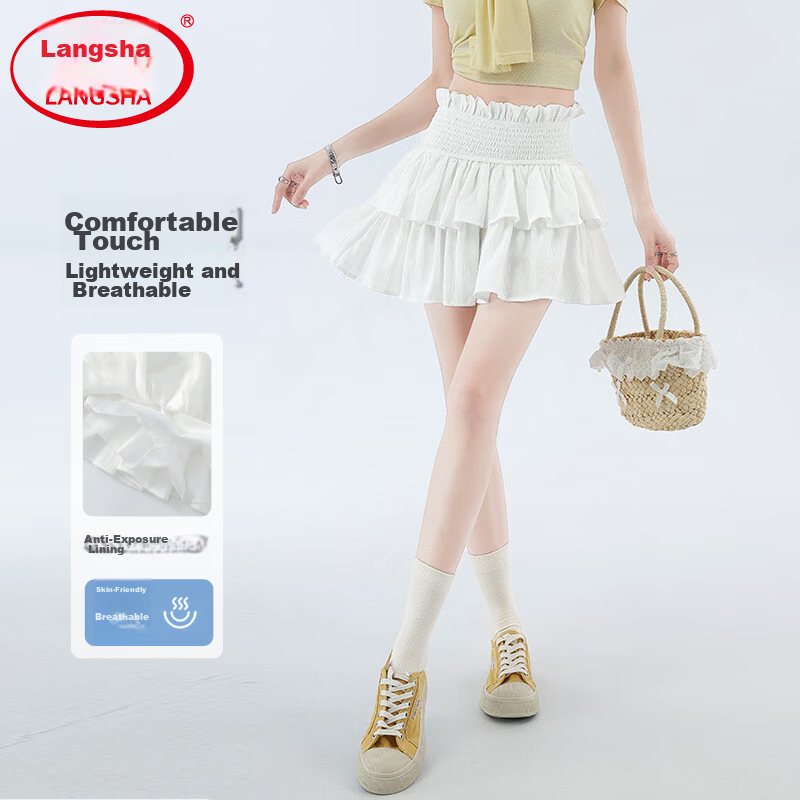 Langsha Ballet Short Skirt Women's Summer New Elastic Waist A-Line Pleated Lace Ruffled Puff Skirt Fashion Sweet Style