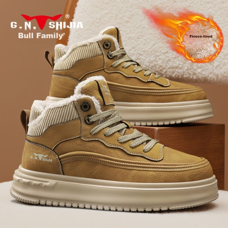Bull Family Martin Boots Men 2025 Winter New Plush High-Top Work Shoes Men's Thick-Soled Warm Trendy Casual Shoes