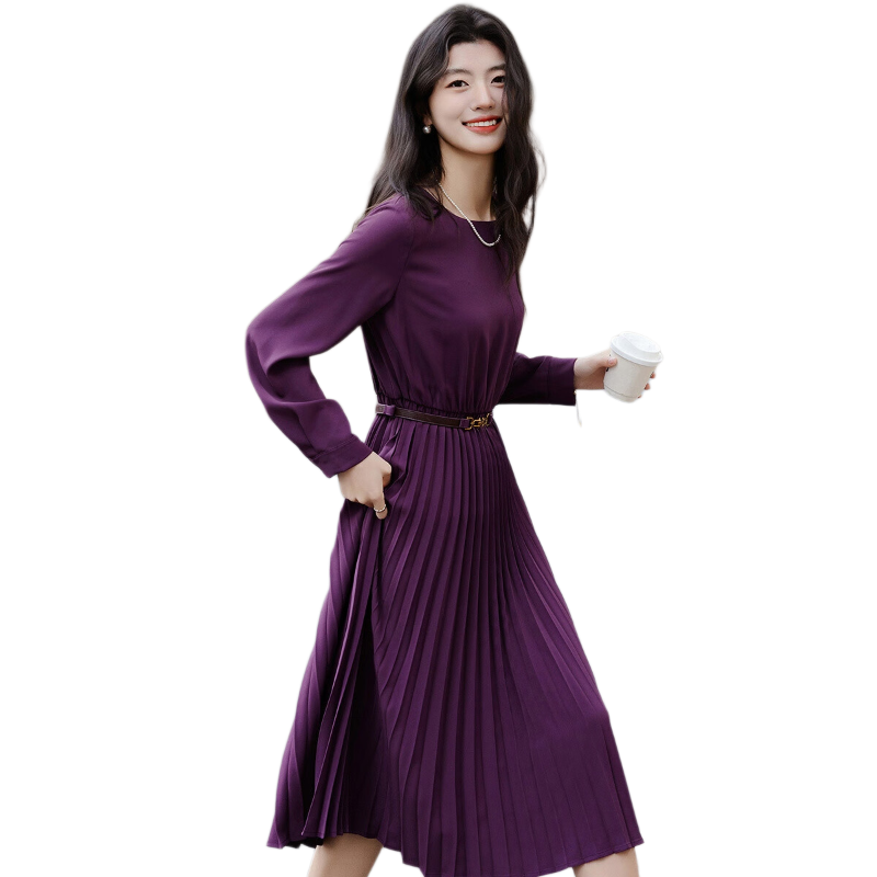 Dme [Elegant French Lady] Autumn Draping Silk Elastic Waist Pleated Skirt, Pleated Waist Belt, Women's Dress