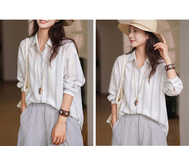 Dme [Lightweight Lyocell] Autumn Simple Style Striped Texture Lapel Long-Sleeve Loose Outer Wear Relaxed Women's Blouse 12
