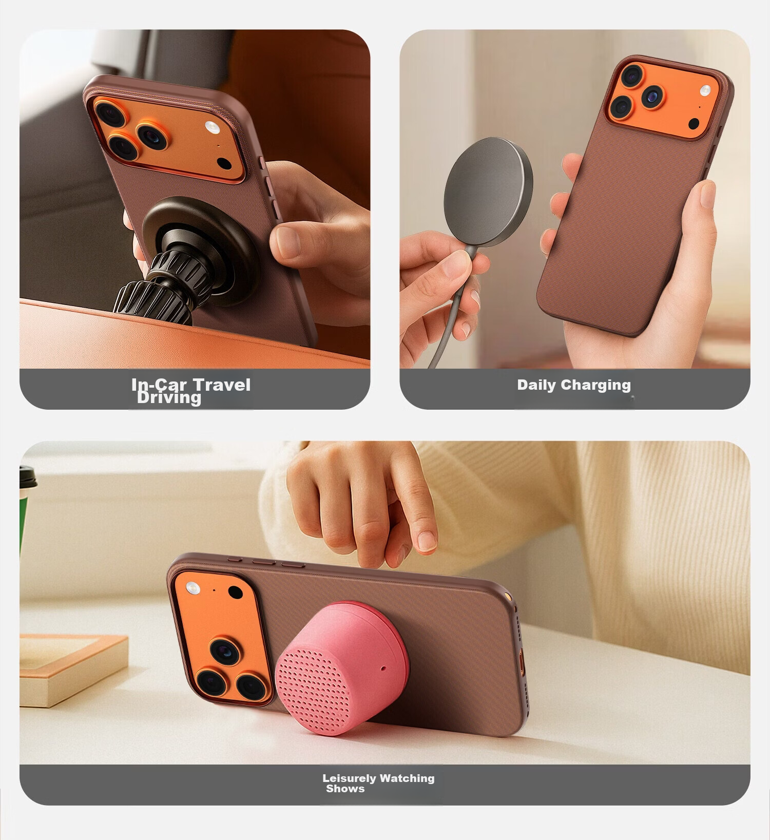 ESCASE Magnetic Full-Coverage Tech Fabric MagSafe Shockproof Protective Case for iPhone 17, Business Brown 11