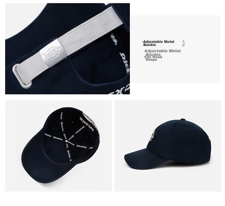 Dickies Embroidered Letter Baseball Cap Soft Top Hat Unisex New Large Head Circumference Slim Face Sun Protection Visor Cap Navy Blue 5