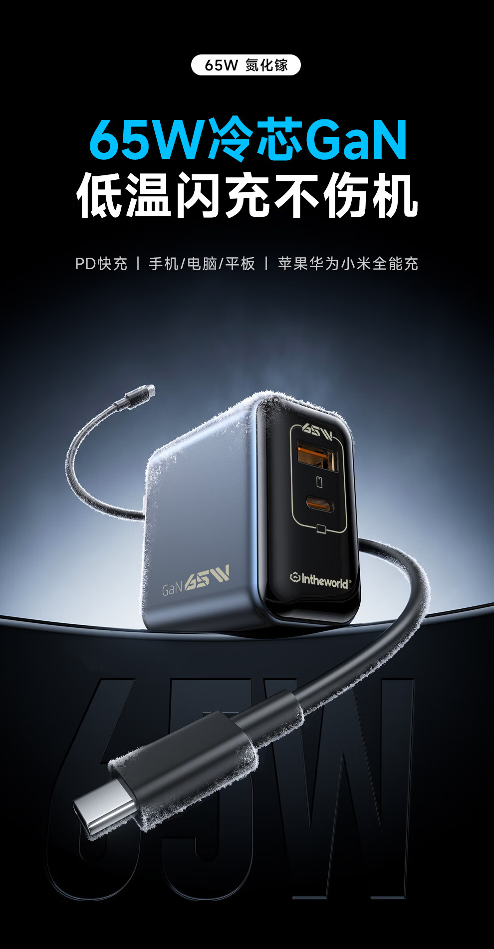 Jichuan 65W GaN Charger Type-C Multi-Port Laptop Phone Charging Head Cable Set PD Fast Charger Adapter Compatible with Apple MacBook Huawei Lenovo Xiaomi 1