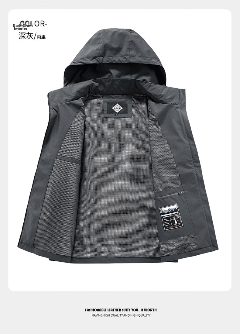 JEEP Men's Jacket, Spring And Autumn Trendy American Style, Detachable Hood, Loose Casual Coat, Dark Gray, 5XL 13