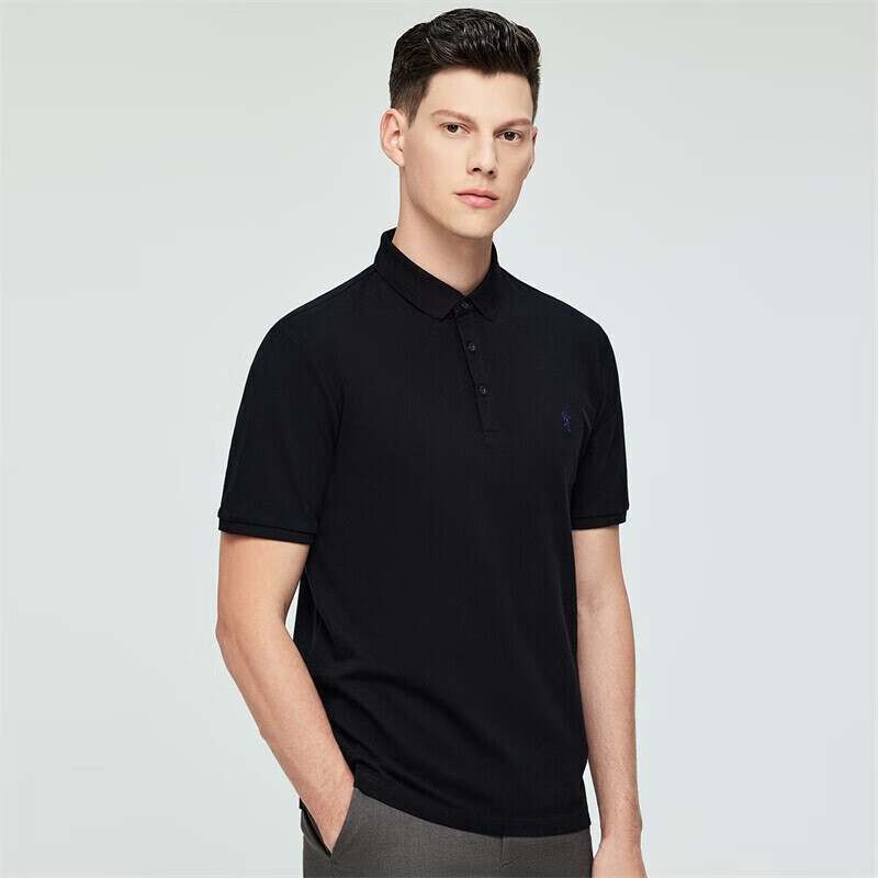 DANCING WOLVES [100% Cotton] Summer Versatile Casual Men's Short-Sleeve POLO Shirt for Commuting, 001 Black, Size S(165)
