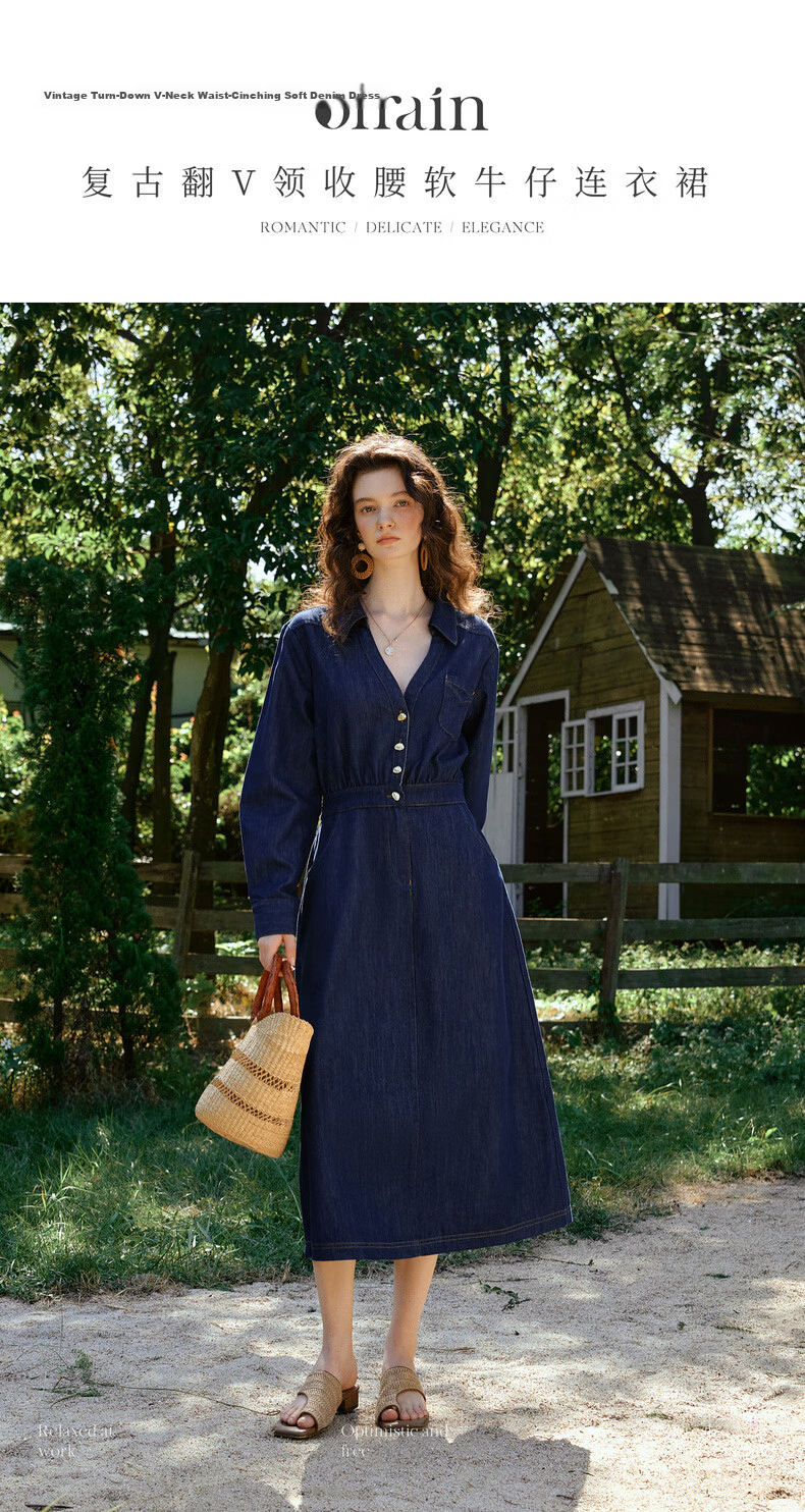 Olrain Vintage V-Neck Waist-Cinched Denim Long Sleeve Dress for Women Spring Shirt-Style Long Dress Denim Blue M 1
