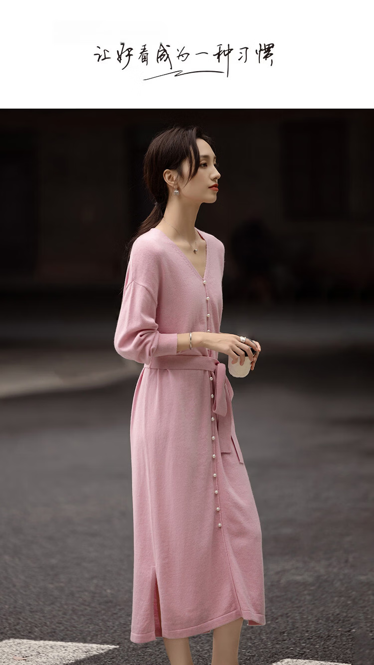 Demana Women's Spring Soft V-Neck Pearl Button Drop Shoulder Adjustable Waist Dress with Wool 1
