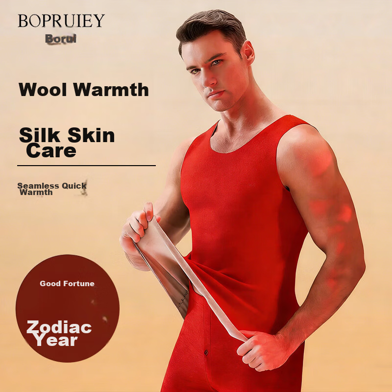 Borui Men's Thermal Vest Autumn Winter Red Wool Silk Fleece Sleeveless Base Layer Shirt