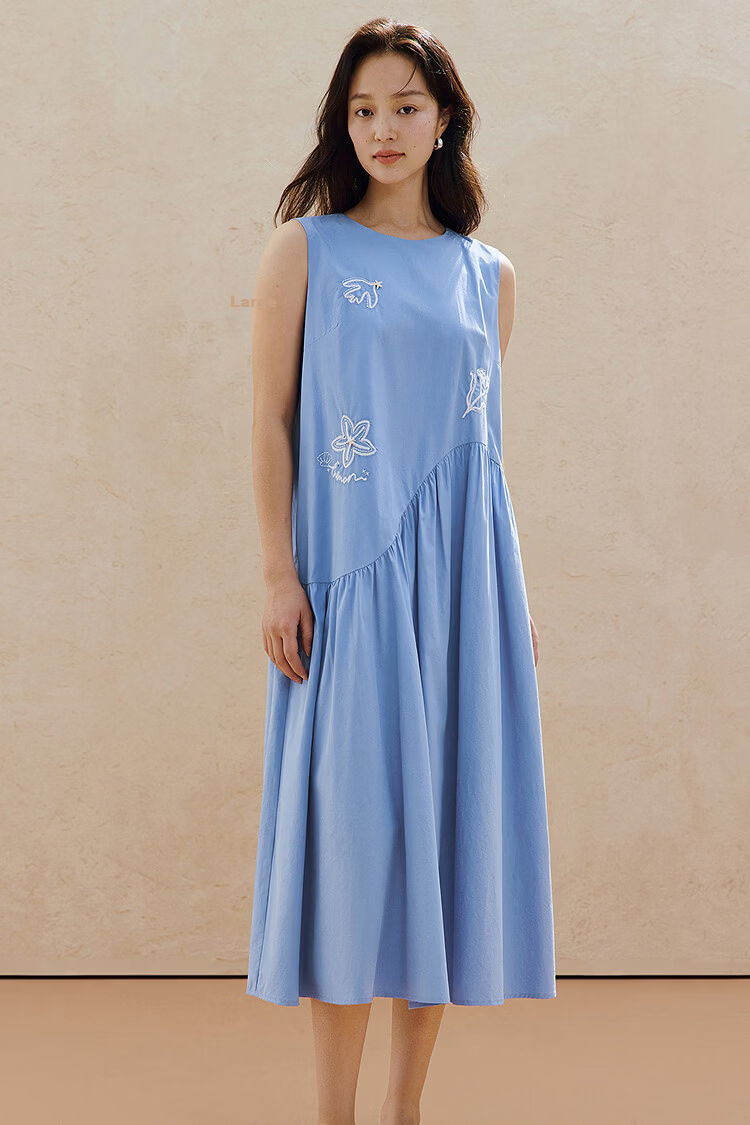 INMAN Lenzing Cotton Embroidered 3D Vacation Boho Dress 26 Summer New Sleeveless Dress Blue L 2